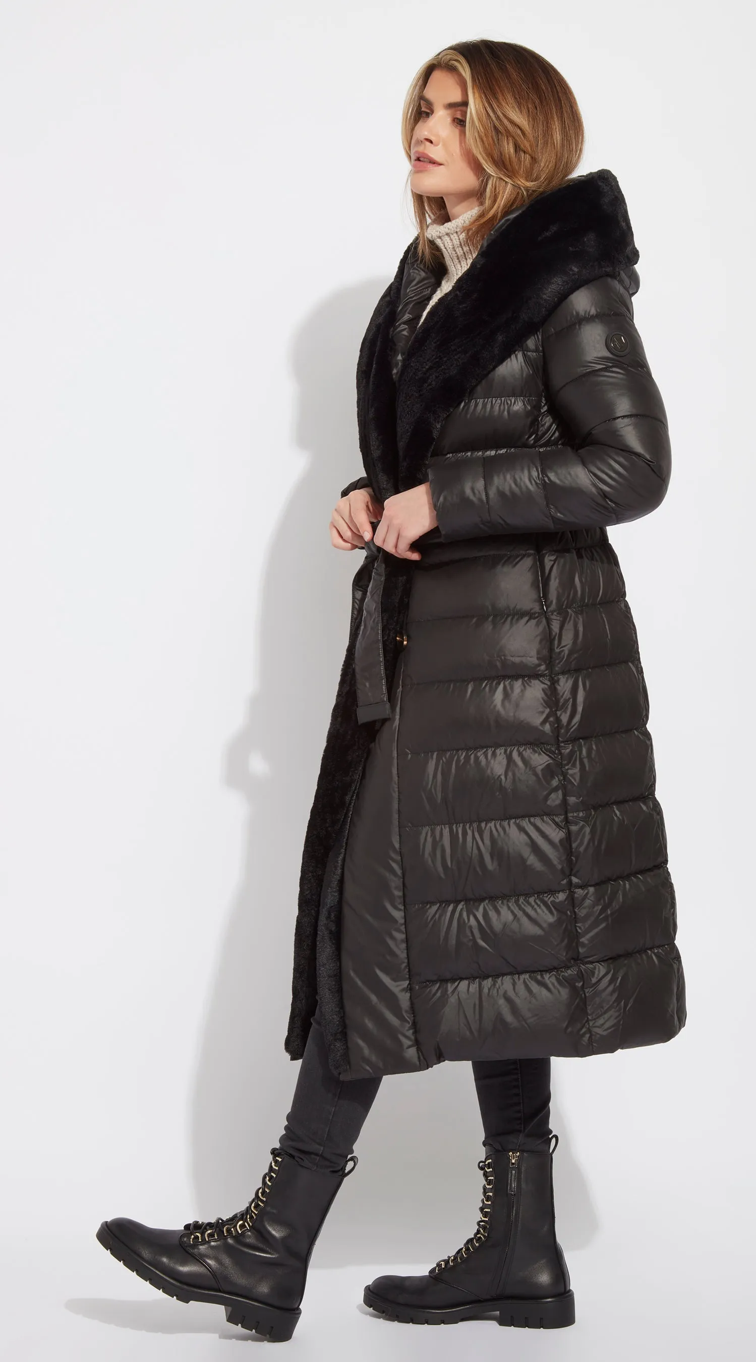 OUTLET Luxy Long-Line Faux Fur Padded Jacket - Black