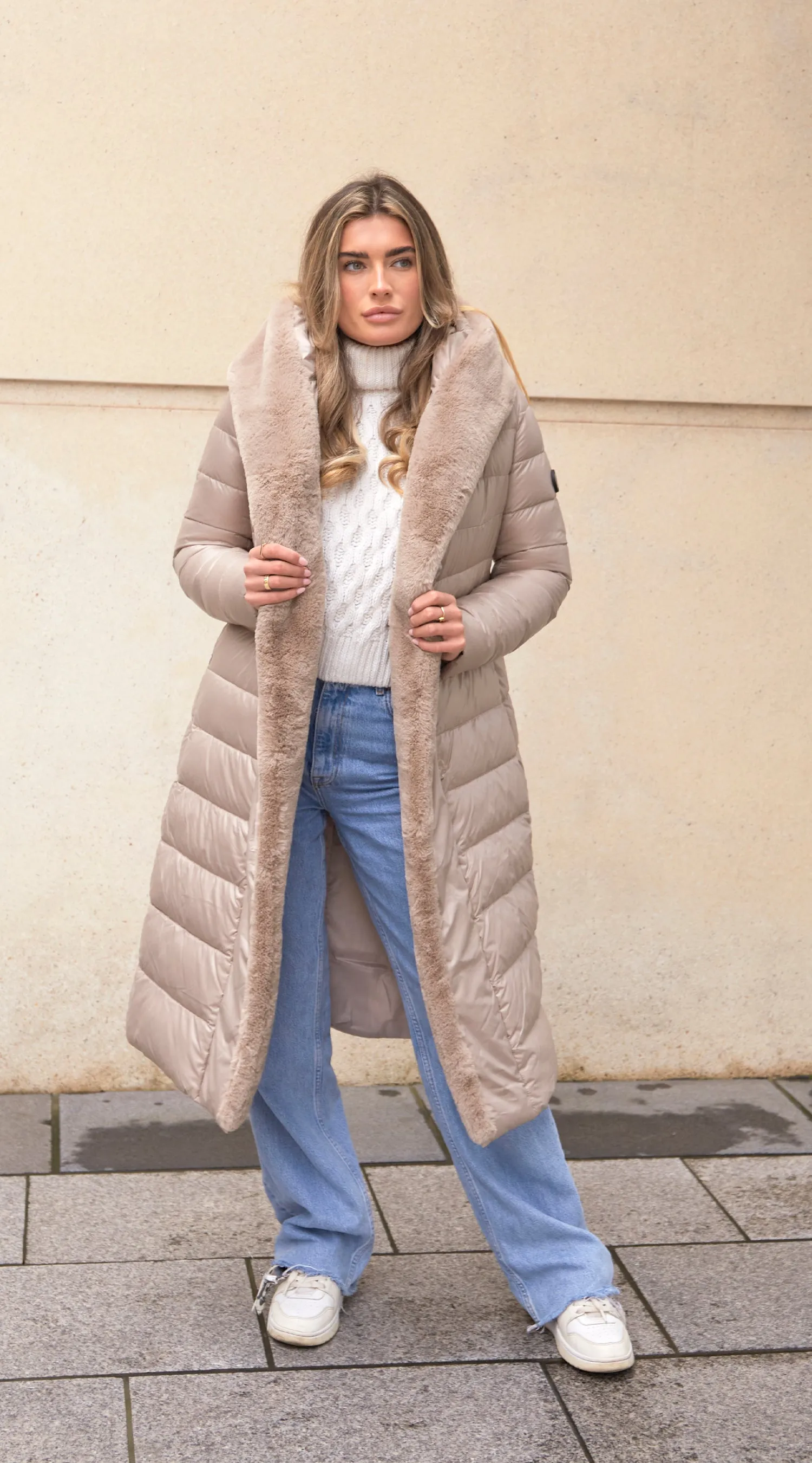 OUTLET Luxy Long-Line Faux Fur Padded Jacket - Taupe