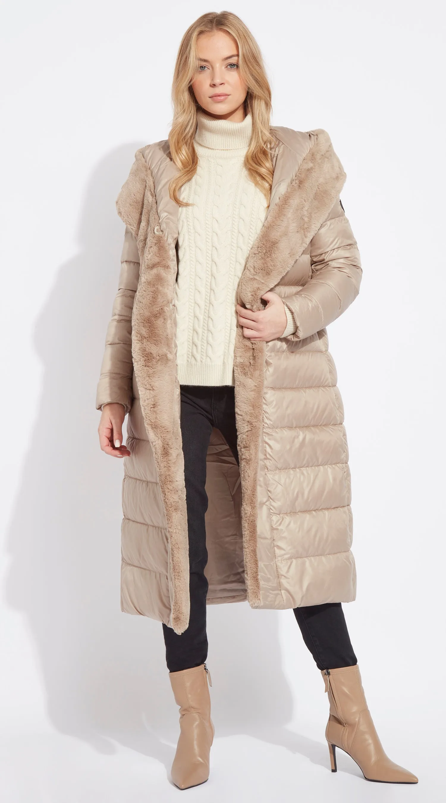 OUTLET Luxy Long-Line Faux Fur Padded Jacket - Taupe