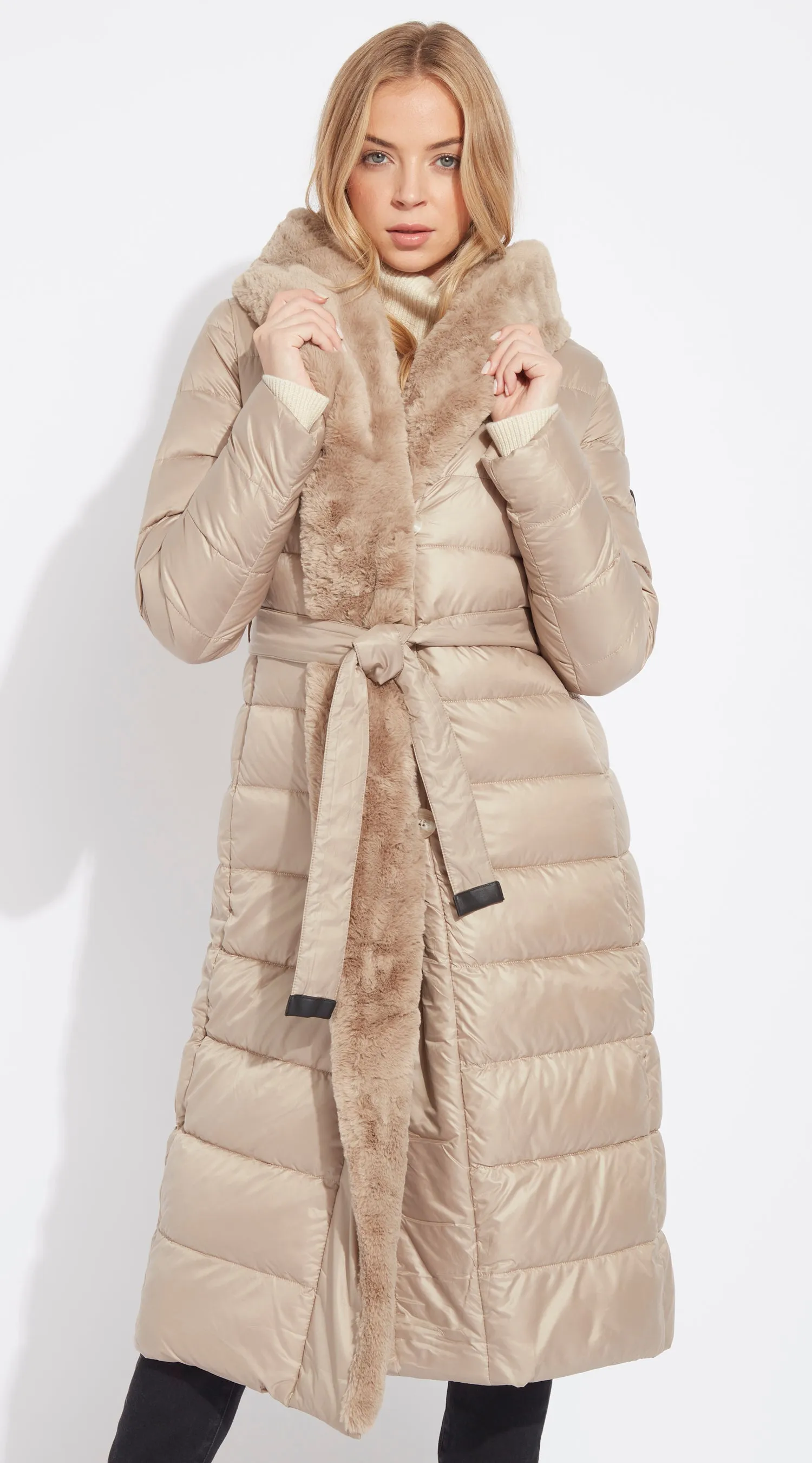 OUTLET Luxy Long-Line Faux Fur Padded Jacket - Taupe