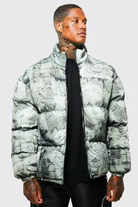 Oversized Ancient Print Funnel Neck Puffer