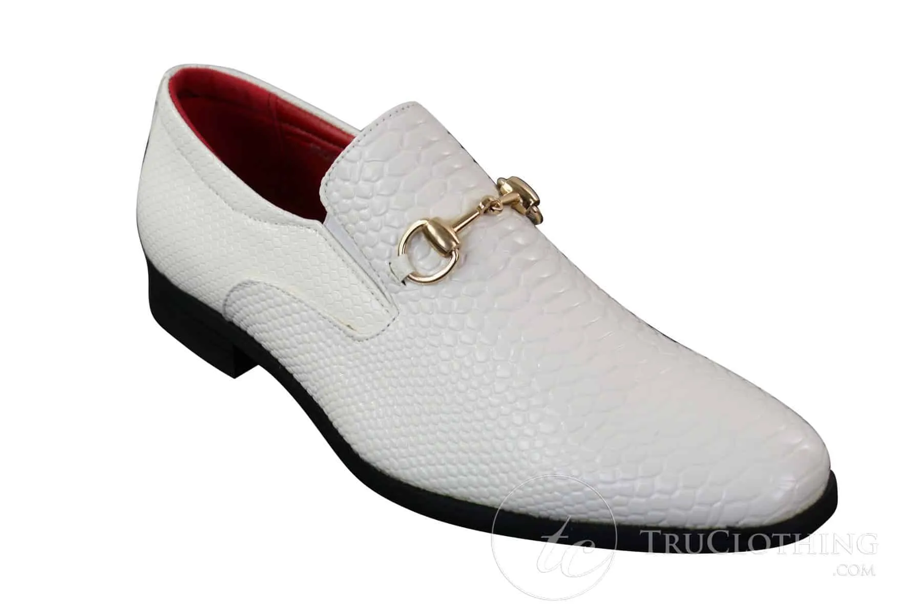 Patron 80058 - Mens White Black Patent Shiny Slip On PU Snake Crocodile Leather Shoes Gold Buckle