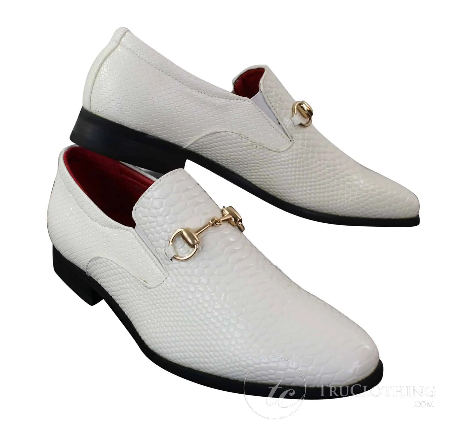 Patron 80058 - Mens White Black Patent Shiny Slip On PU Snake Crocodile Leather Shoes Gold Buckle