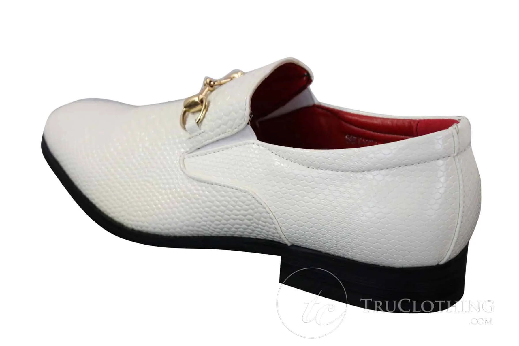 Patron 80058 - Mens White Black Patent Shiny Slip On PU Snake Crocodile Leather Shoes Gold Buckle