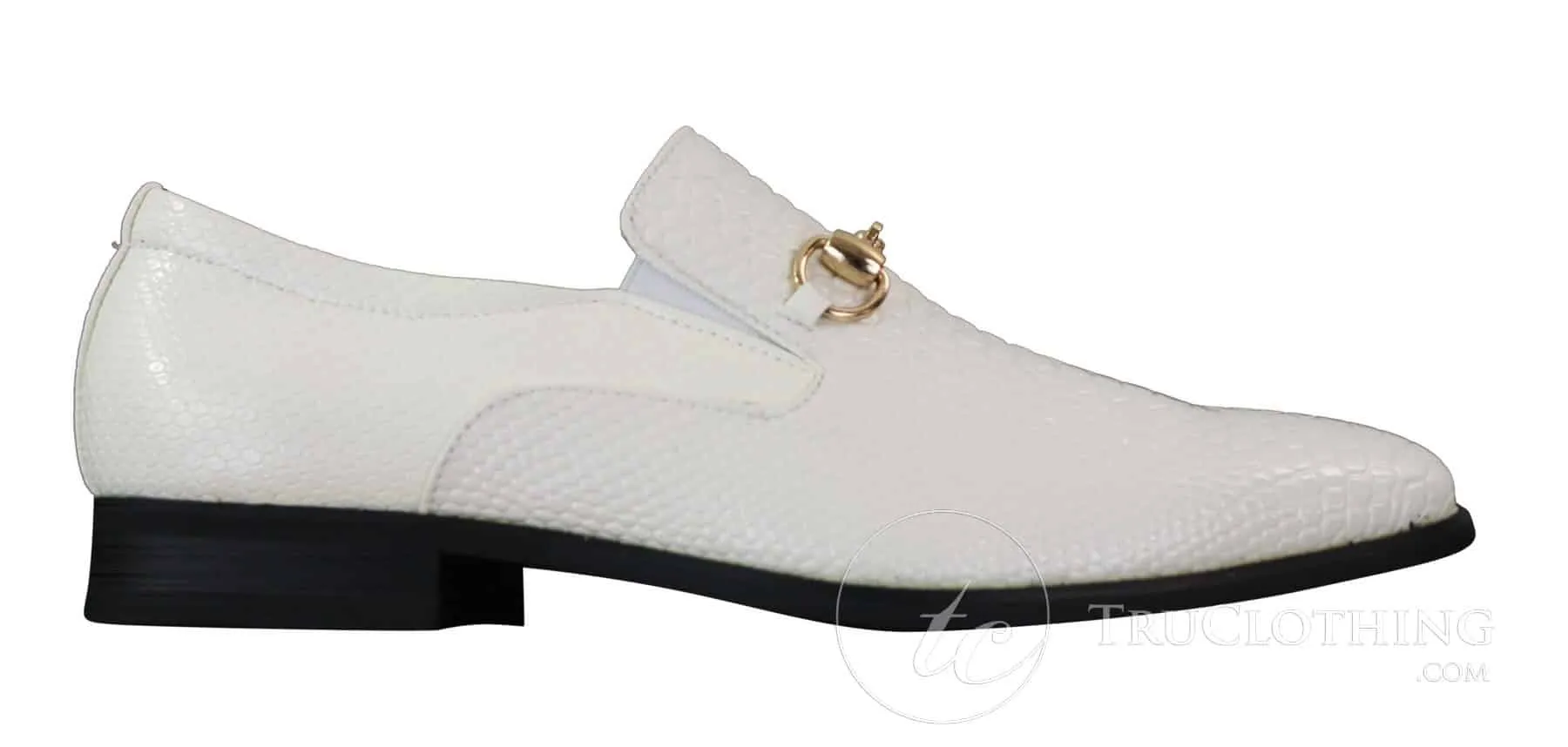 Patron 80058 - Mens White Black Patent Shiny Slip On PU Snake Crocodile Leather Shoes Gold Buckle