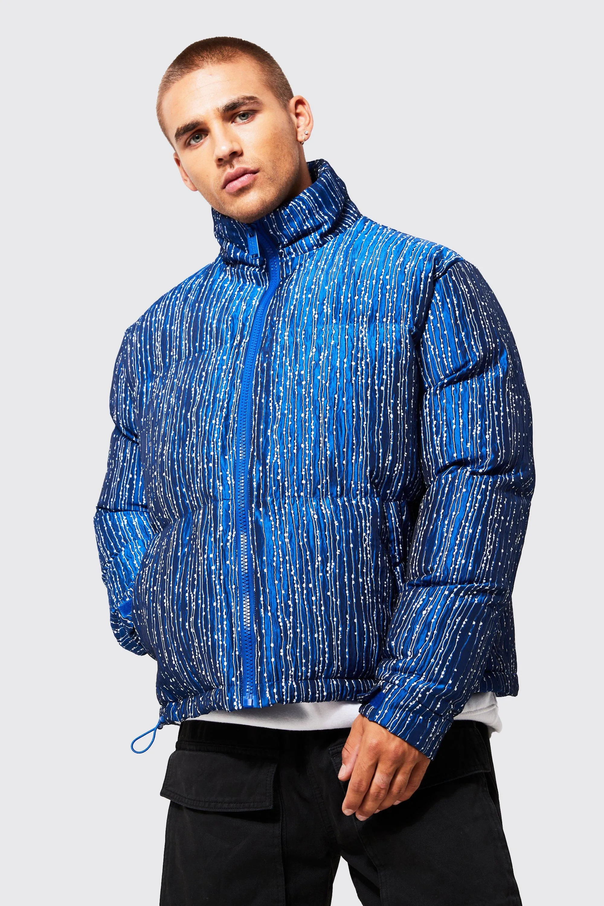 Striped Textured Funnel Neck Puffer