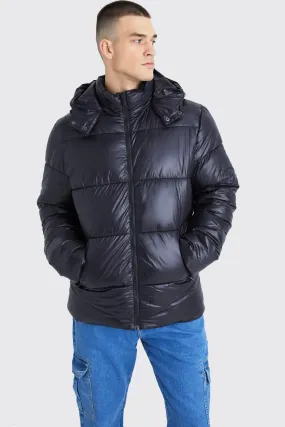 Tall Hooded High Shine Puffer Jacket in Black