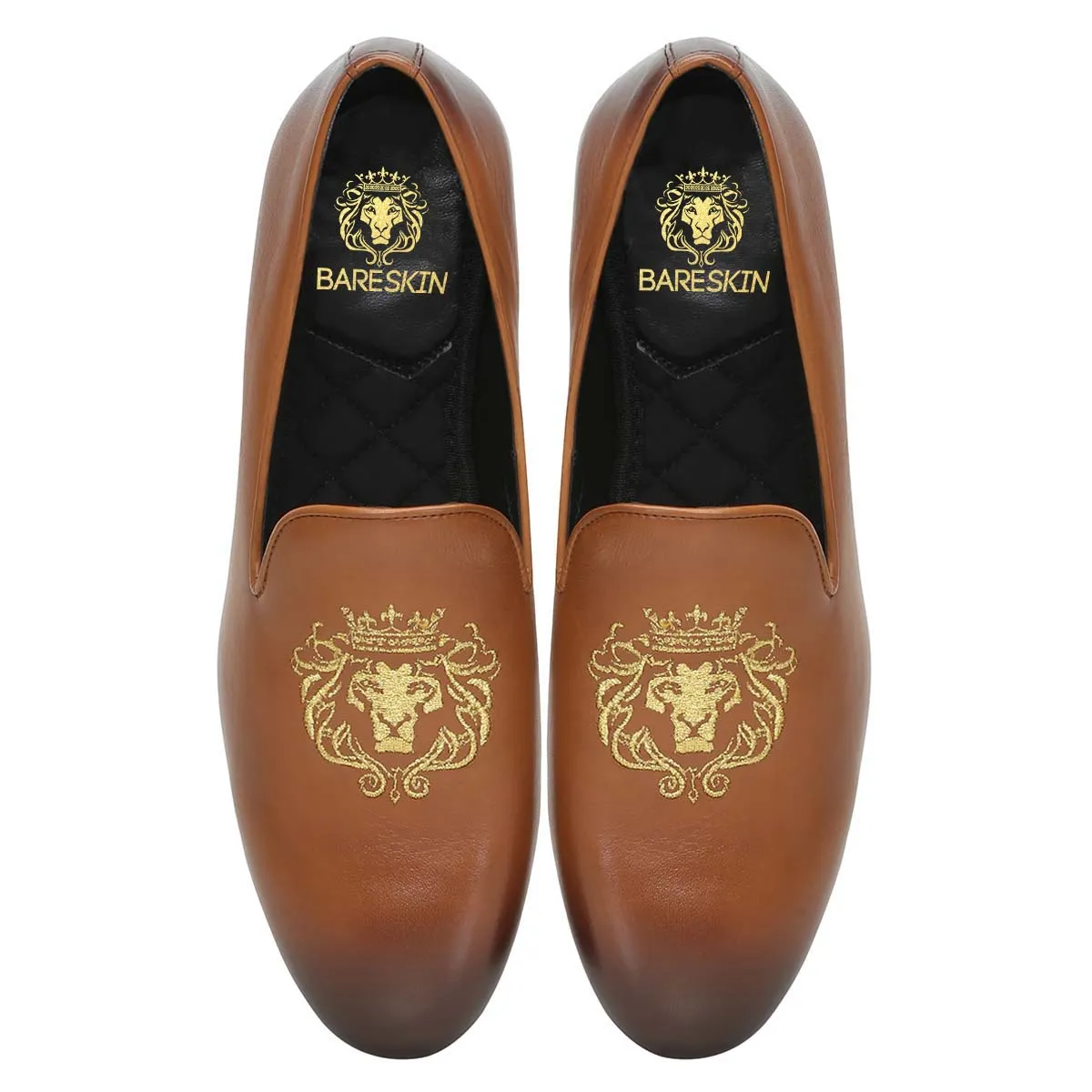 Tan Leather/Golden Lion King Embroidery Slip-On Shoes By Brune & Bareskin