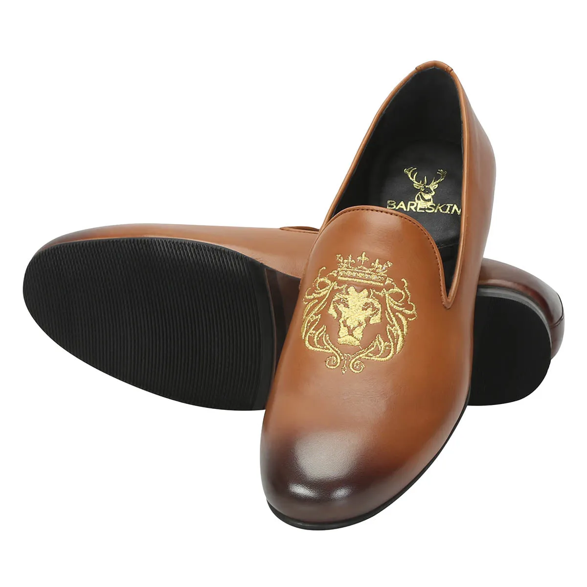 Tan Leather/Golden Lion King Embroidery Slip-On Shoes By Brune & Bareskin