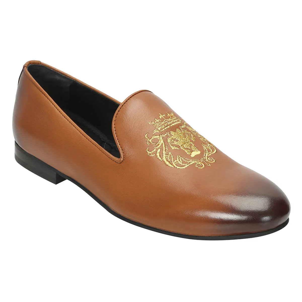 Tan Leather/Golden Lion King Embroidery Slip-On Shoes By Brune & Bareskin