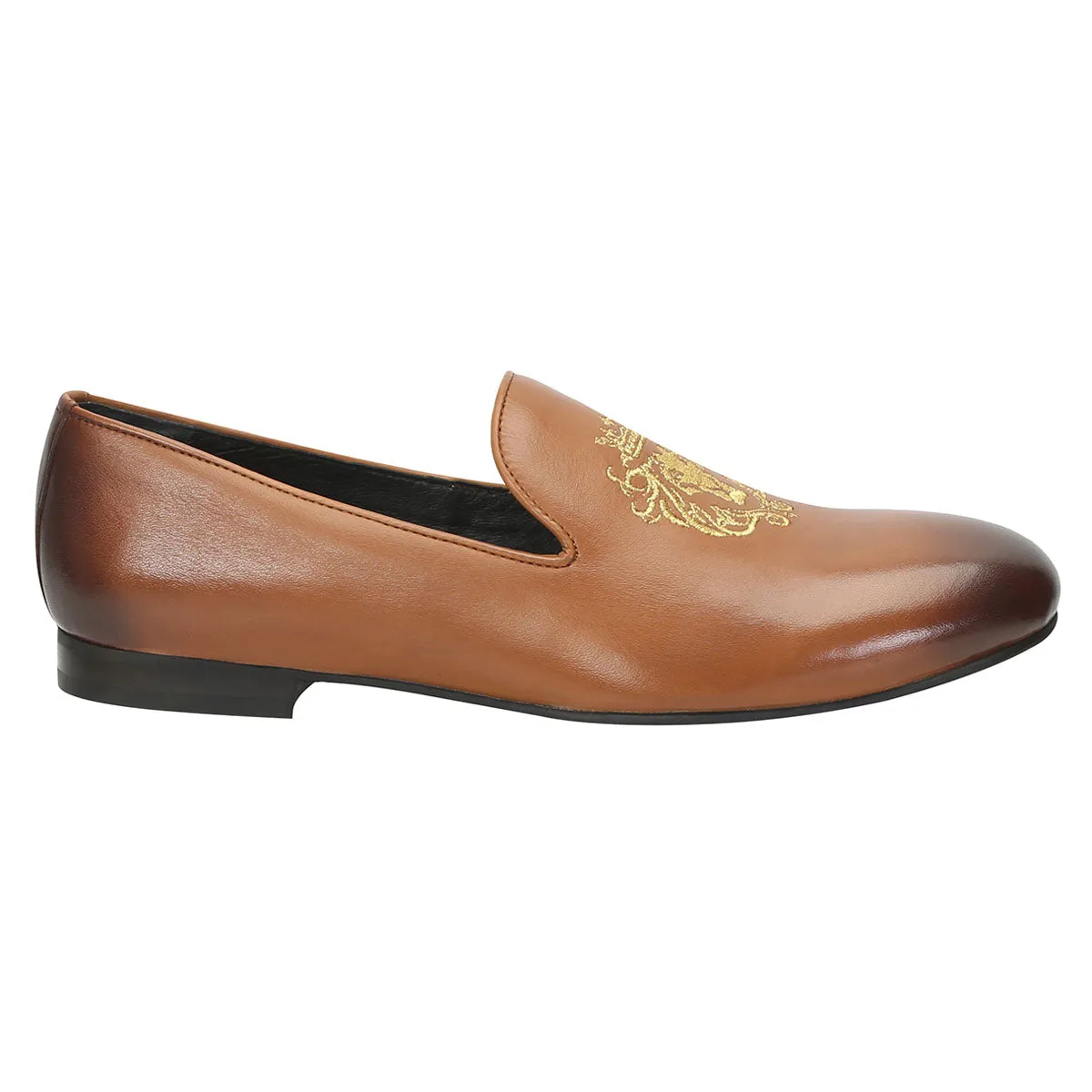 Tan Leather/Golden Lion King Embroidery Slip-On Shoes By Brune & Bareskin