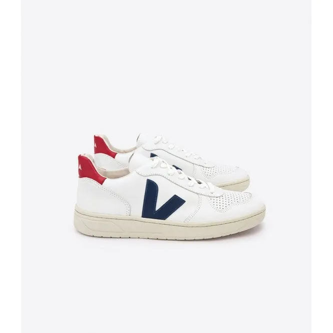 Veja V10 Womens Leather Trainers in Extra White Nautico Pekin