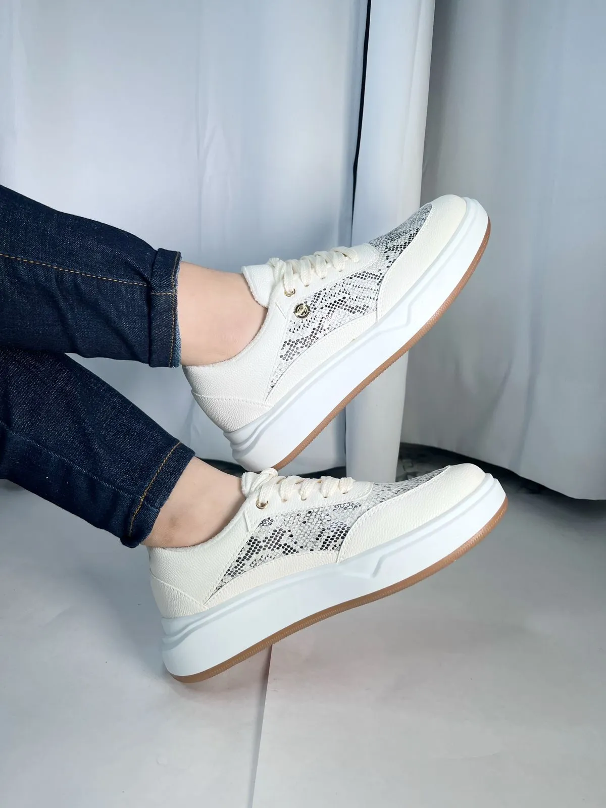 White Lace-Up Sneakers, Snake Print Accent