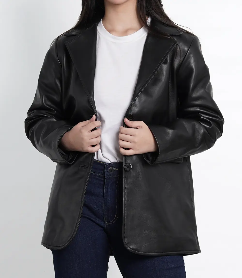 Women's Black Blazer Leather Jacket Oversized