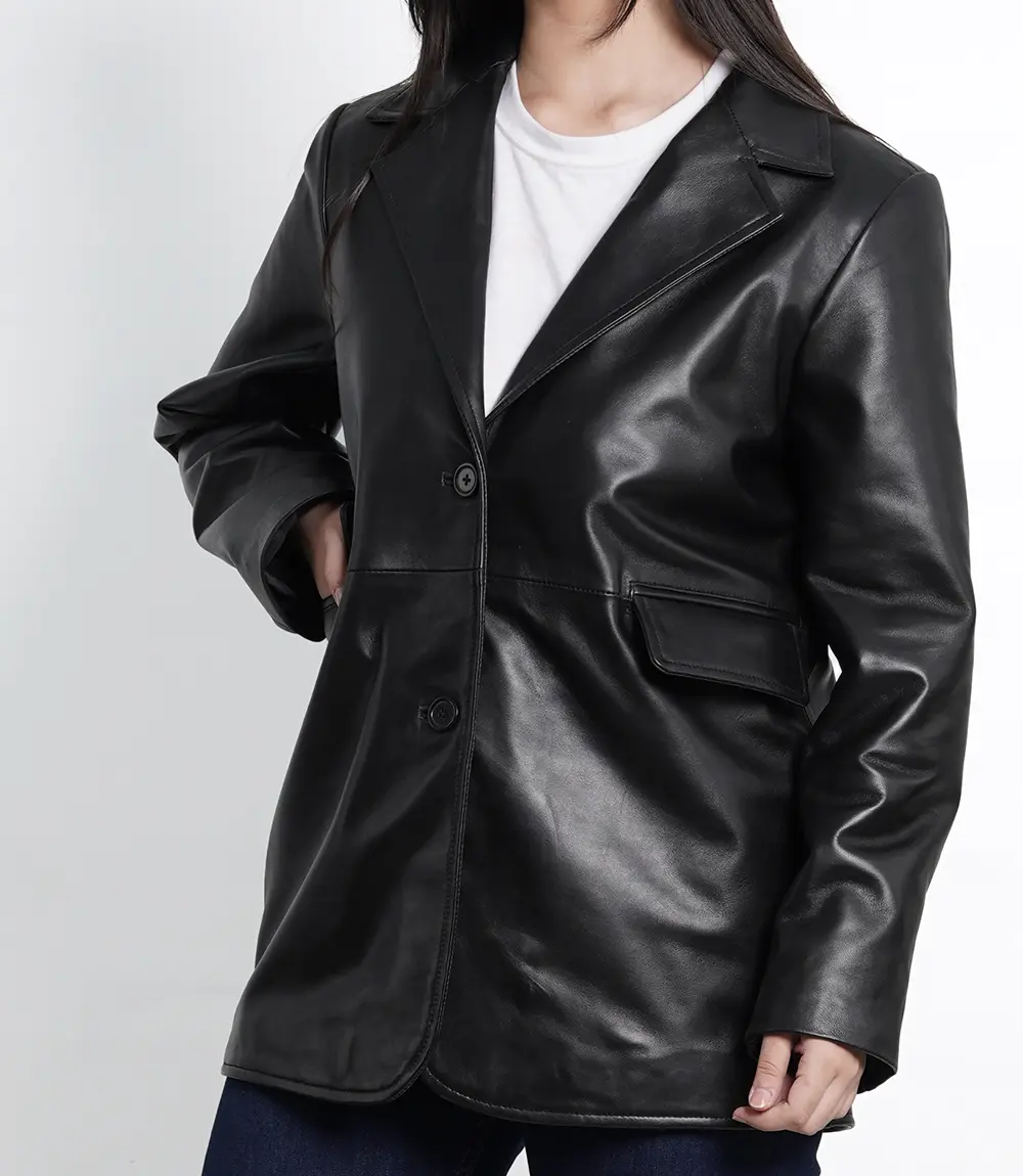 Women's Black Blazer Leather Jacket Oversized