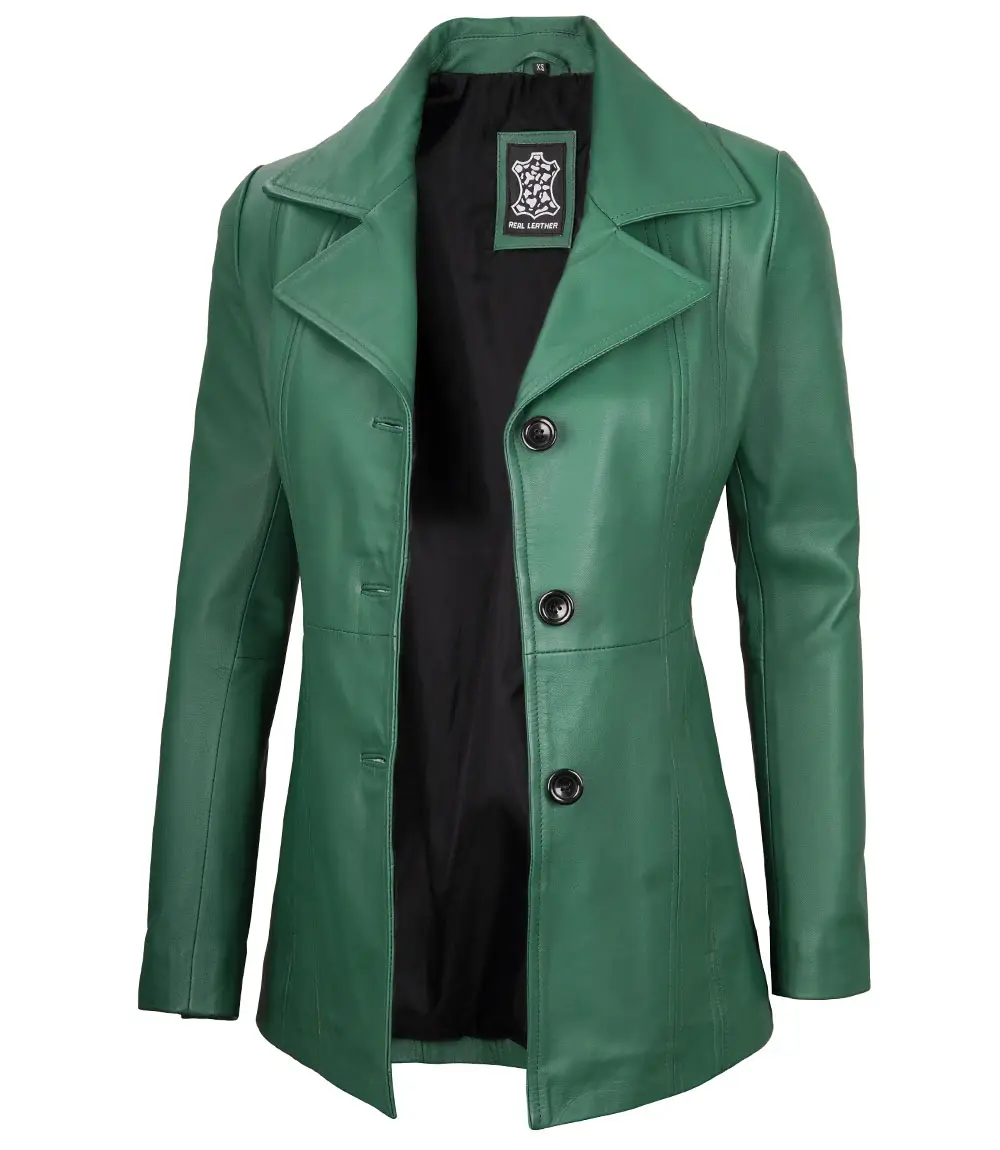 Women's Real Leather Green Blazer with Three Button