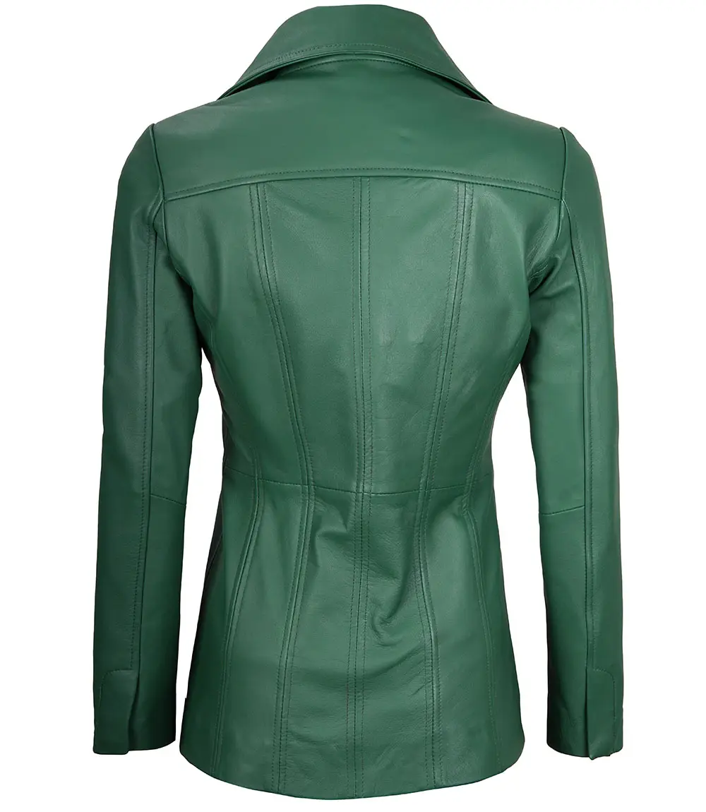 Women's Real Leather Green Blazer with Three Button