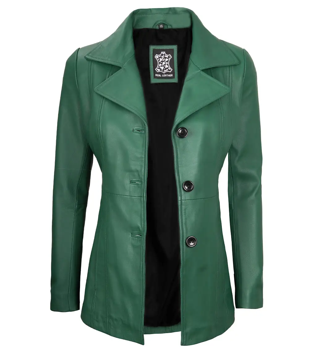 Women's Real Leather Green Blazer with Three Button