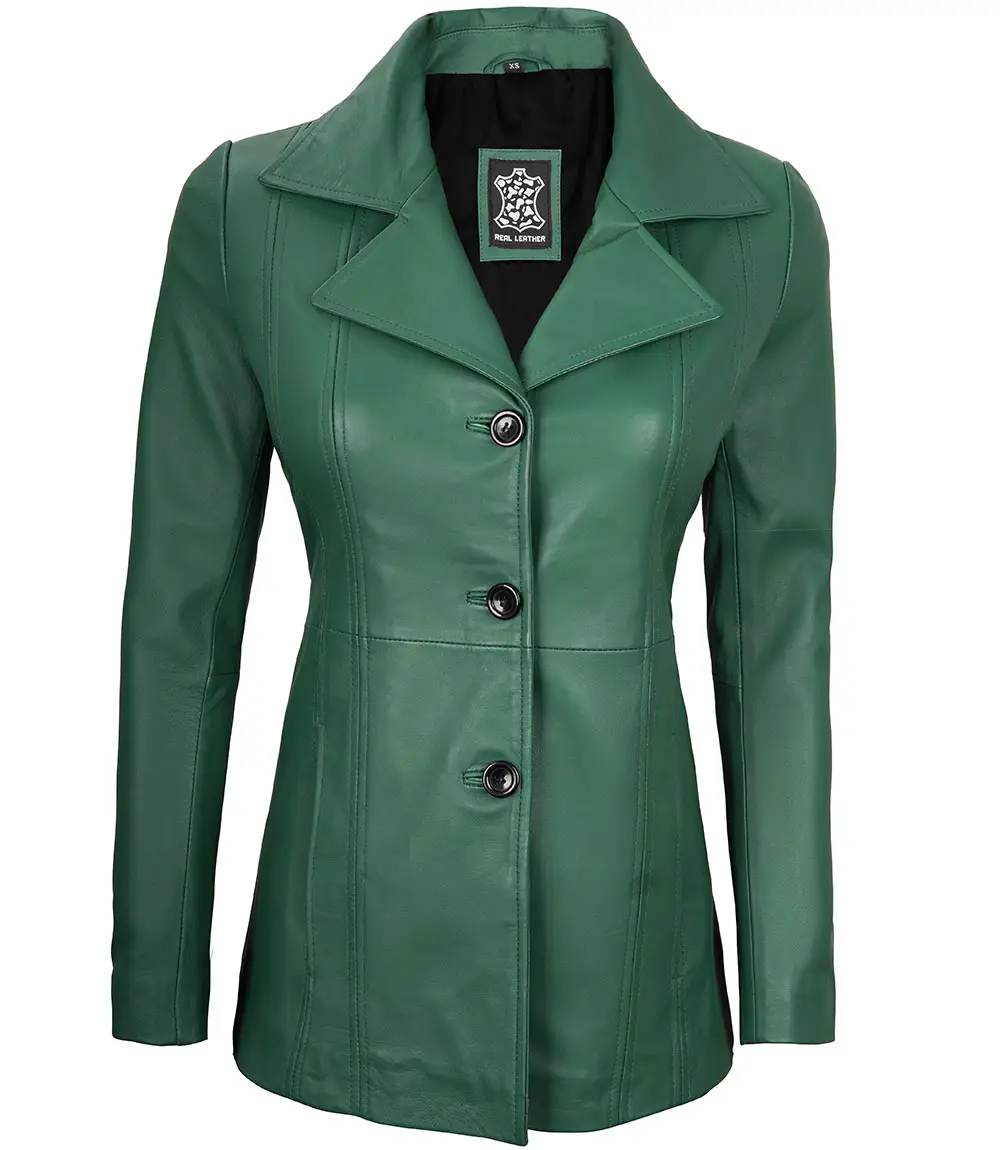 Women's Real Leather Green Blazer with Three Button