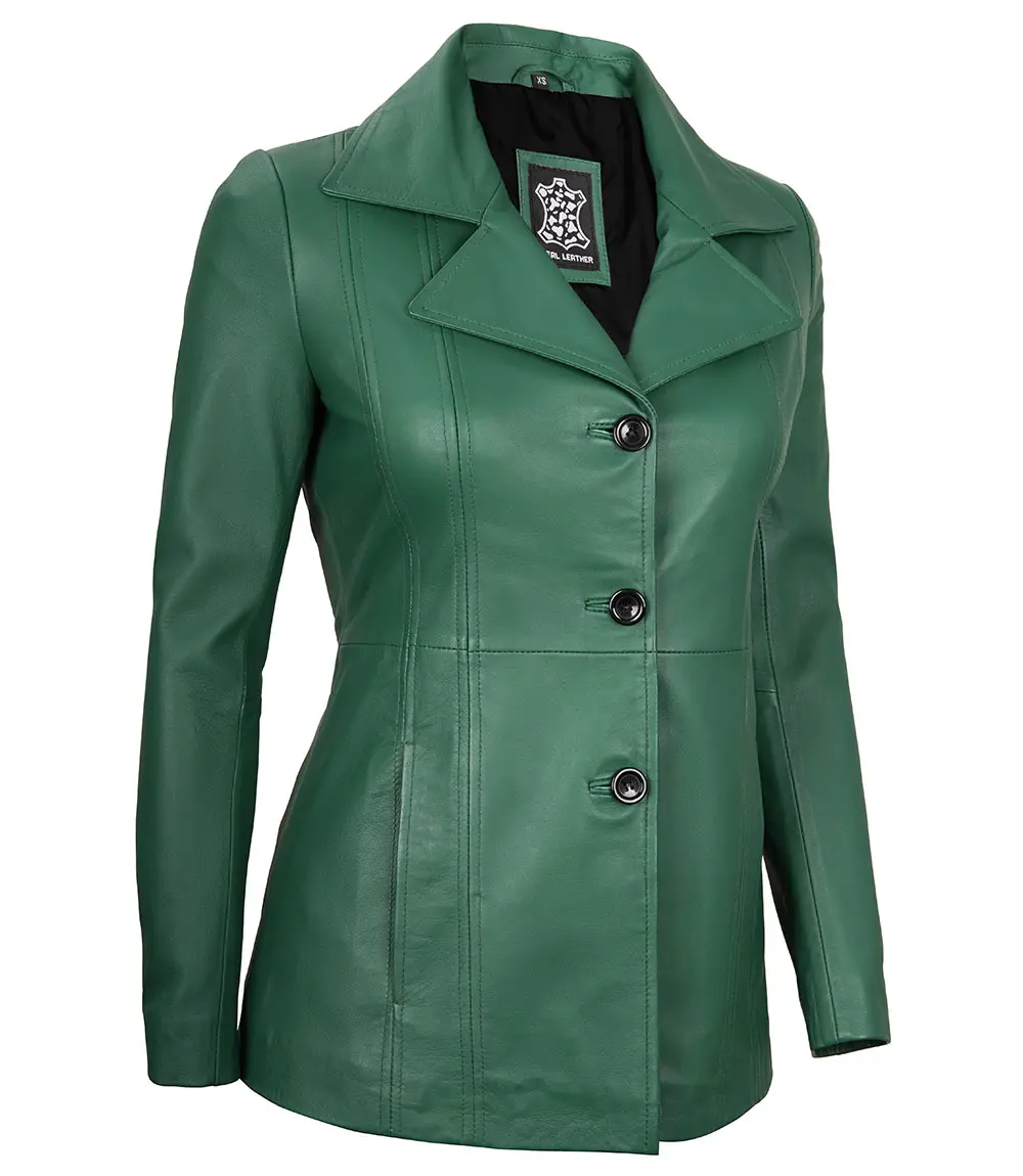 Women's Real Leather Green Blazer with Three Button