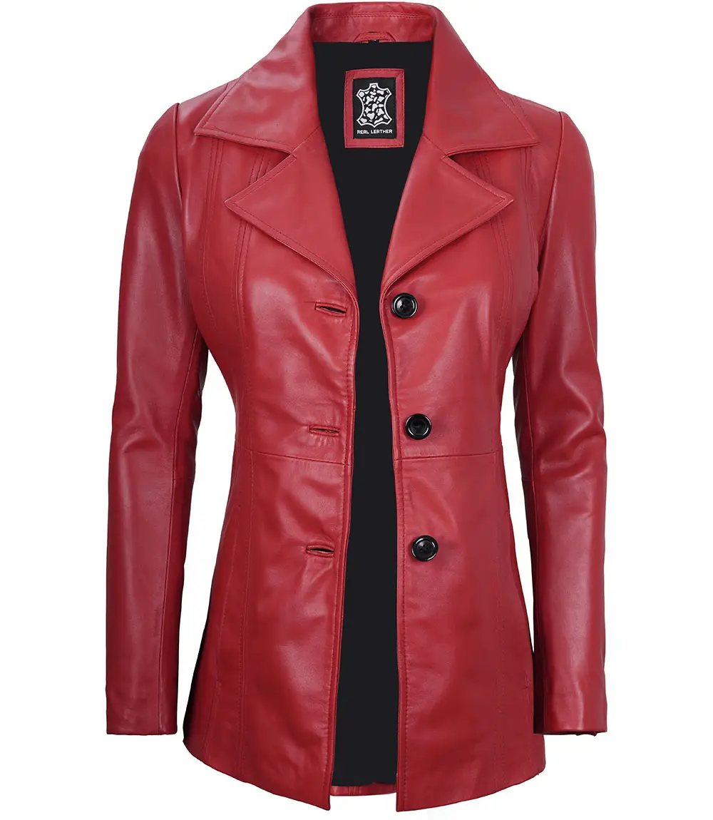 Women's Red Real Leather Blazer Jacket