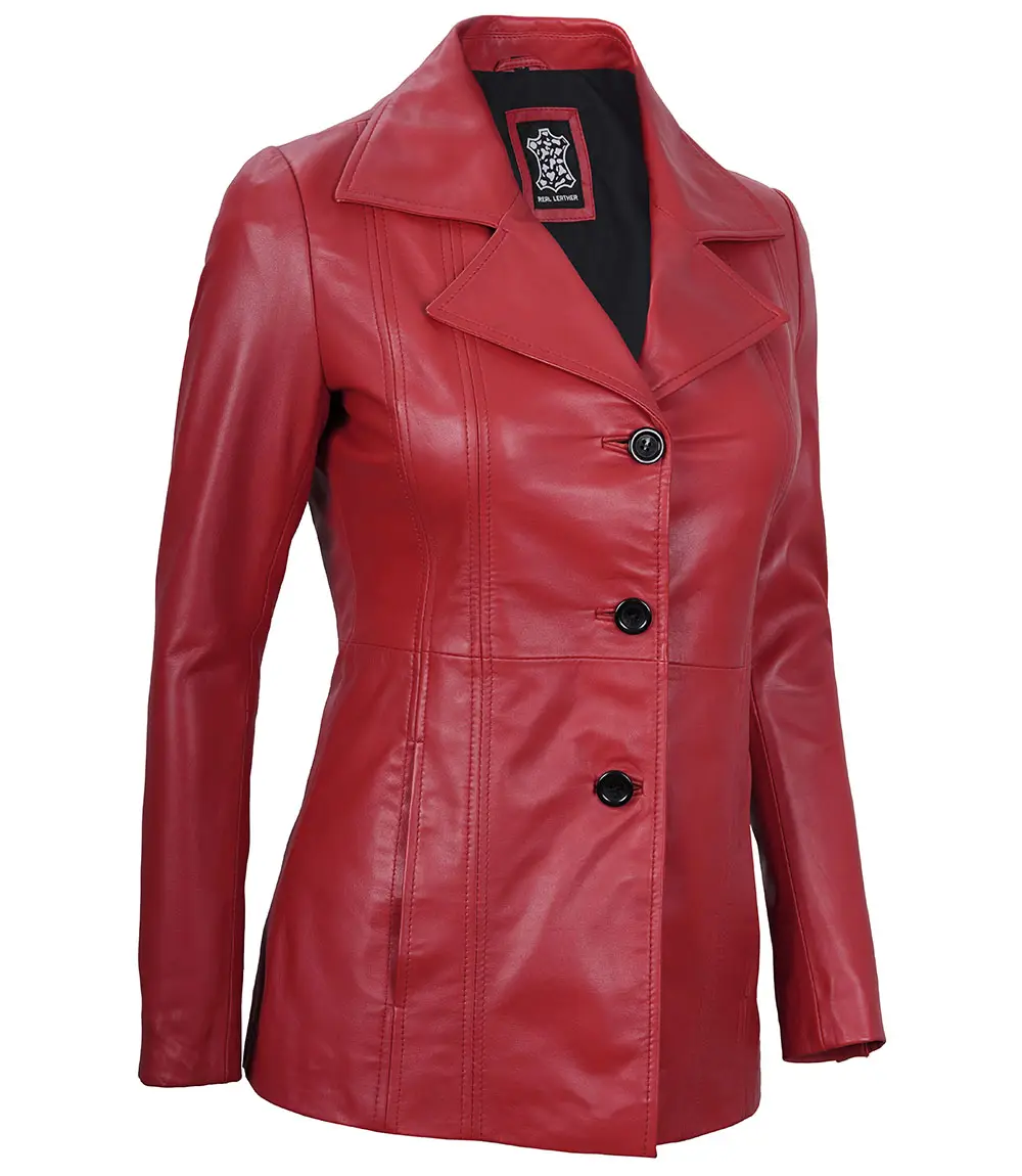 Women's Red Real Leather Blazer Jacket