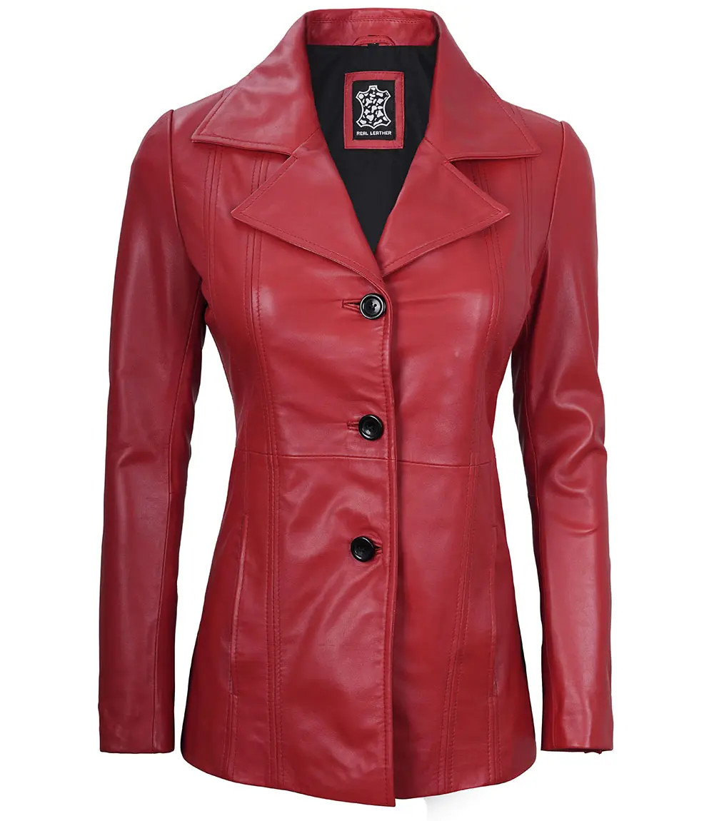 Women's Red Real Leather Blazer Jacket