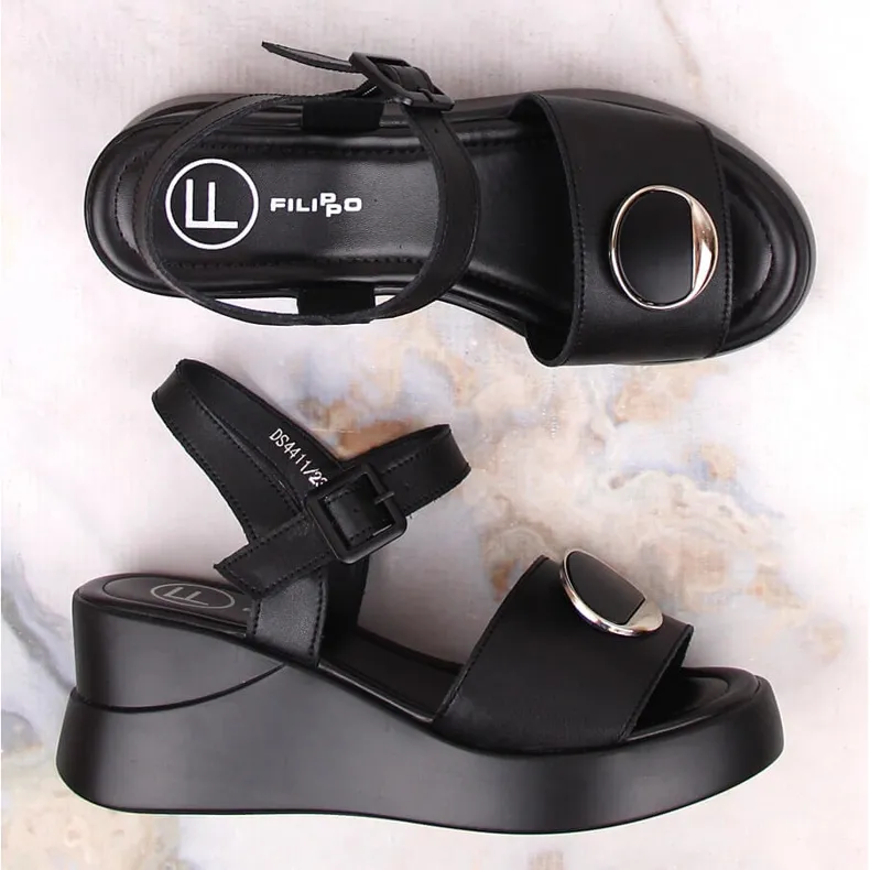 Women's black leather wedge sandals Filippo DS4411