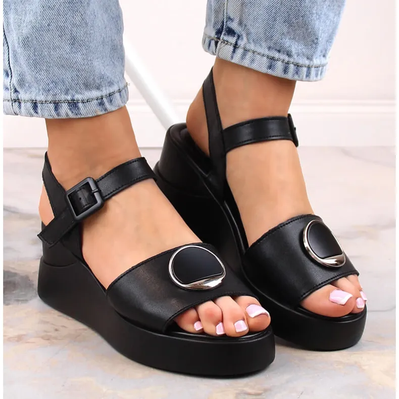 Women's black leather wedge sandals Filippo DS4411